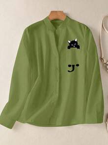 女士趣味猫咪印花V领衬衫，纽扣前襟长袖衬衫，带假口袋，适合秋冬春季办公室、休闲、日常及居家穿着。 - 綠色 - 查看 5