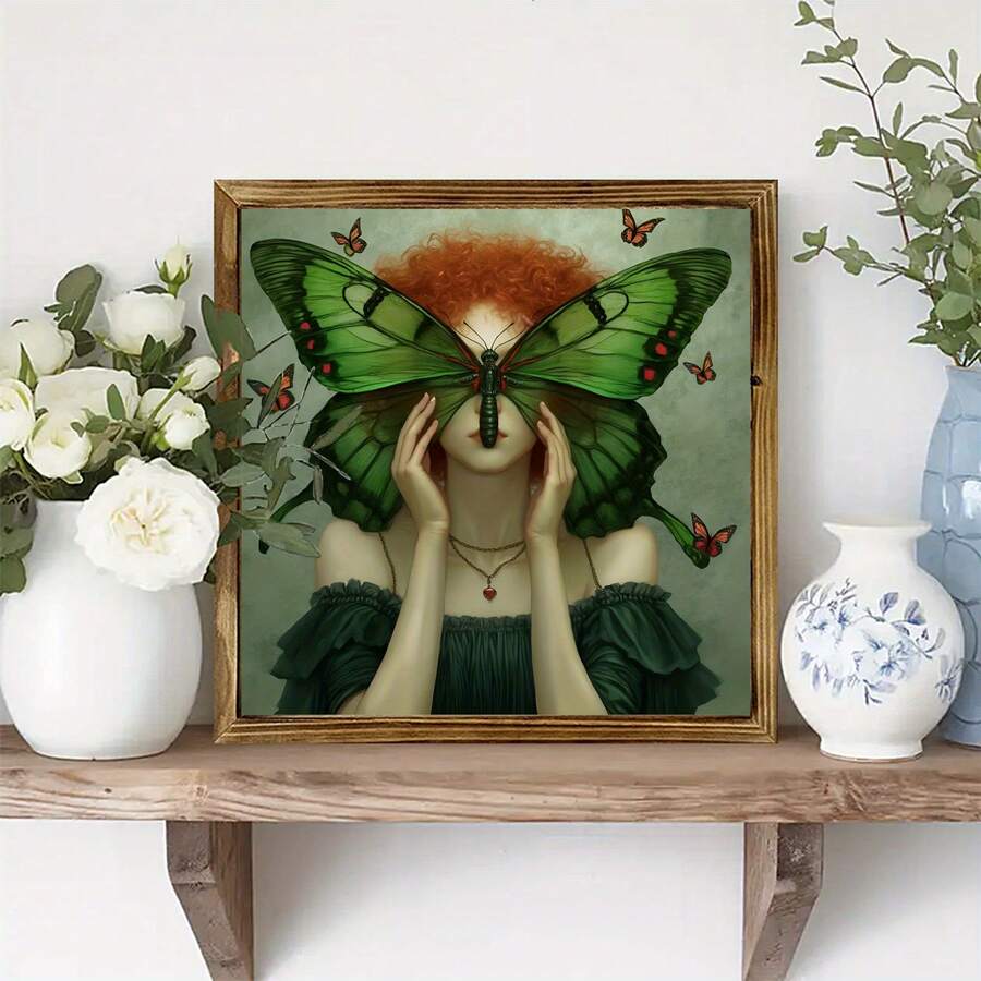 Charming Green Butterfly Fantasy Vintage Rustic Style Wooden Framed Wall Art, 8x8 Inches Rustic Home Decor Plaque For Living Room, Office, Photo Wall, Desk Display Decoration, Perfect Homely Aesthetic Gift For Friends - Multicolor - View 1