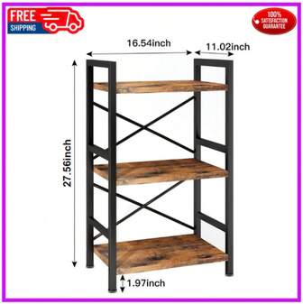 3 Tier Bookshelf With Drawer, Small Bookcase With Shelves, Short Wood And Metal