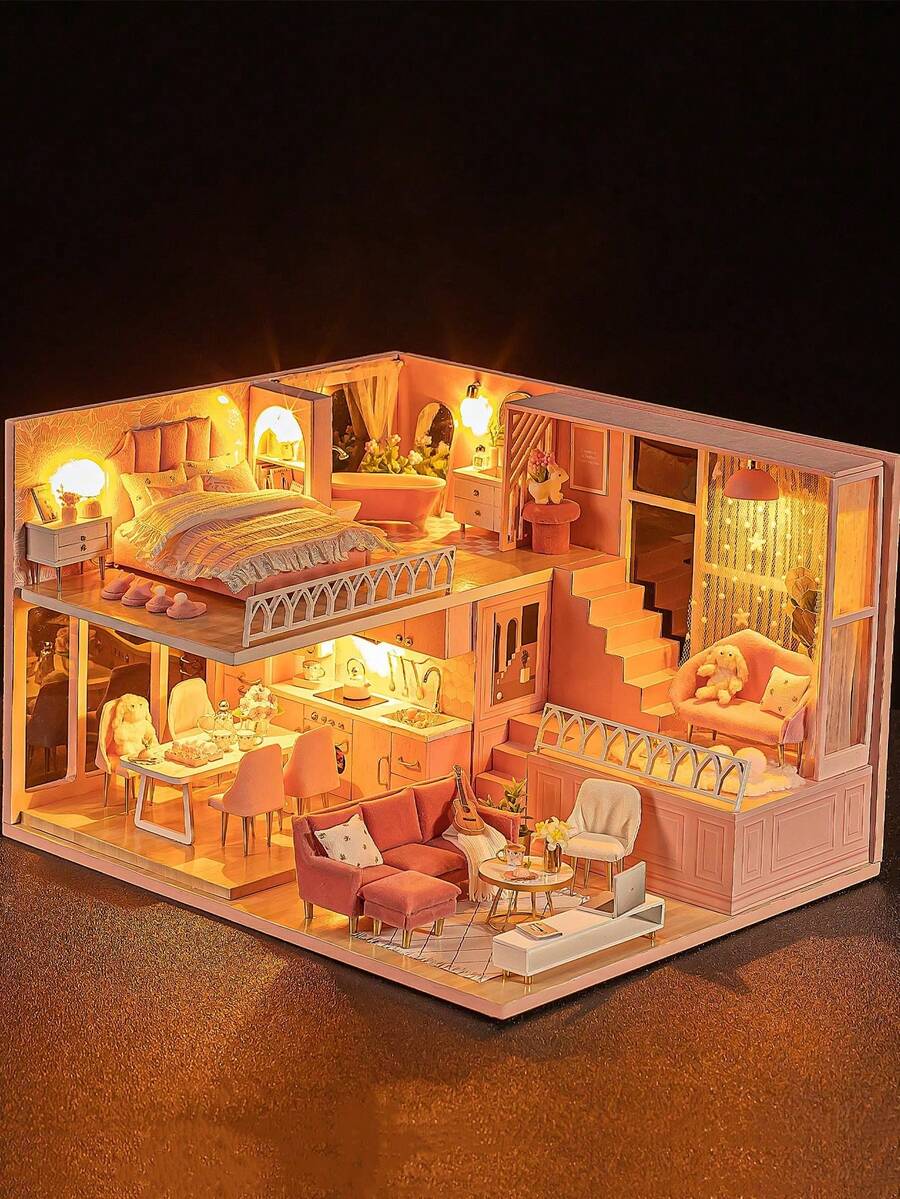 Mini Wooden 3D Puzzle - With Dust Cover, Bedroom & Living Room Scene - DIY Toy Model, Includes Furniture, Bedroom Decor Craft, Teens & Adults Valentine's Day Birthday Gift - Multicolor - View 1