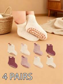 4 Pairs Winter And Autumn Plain-Color Anti-Slip Short Socks, Comfortable And Soft Short-Tube Socks Suitable For Infants, Boys And Girls