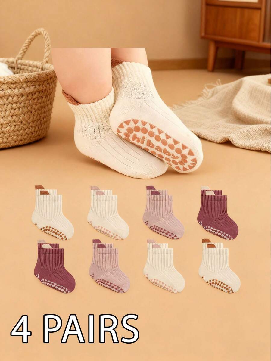 4 Pairs Winter And Autumn Plain-Color Anti-Slip Short Socks, Comfortable And Soft Short-Tube Socks Suitable For Infants, Boys And Girls