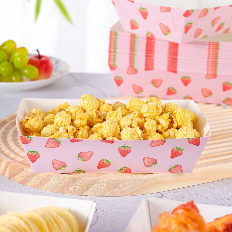 10/24pcs Pink Strawberry Disposable Food Containers, Fries Box, Popcorn Box, Snack Box, Birthday And Family Gathering Party Decorations, Suitable For Bakery, Burger Restaurant, Movie Theater Takeout Boxes - Multicolor - View 1