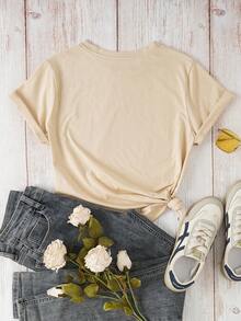 女士葡萄酒图案印花短袖休闲圆领上衣 - 杏色 - 查看 2