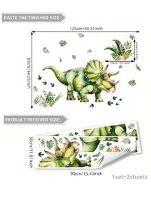 卡通草食性三角龙墙贴，自然风格，逼真绘画，儿童房装饰贴纸，PVC可移除自粘墙纸，适用于家居墙面装饰、儿童房背景墙、墙面翻新 - 彩色 - 查看 2