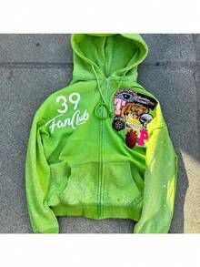 Y2K Hoodie New Arrival Fashionable Oversized Cardigan Unique Street Style High-Waisted Hooded Zipper Sweatshirt Jacket - màu xanh lá - Xem 2