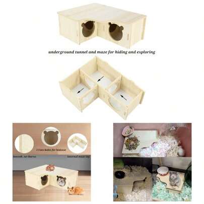 Double - Decker Hamster Hides, Wooden Hamster Hut, Hamsters Hideout With Acrylic Panel Observation, Detachable Gerbil Mouse House With Installation Instruction