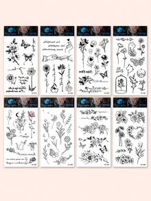 STARTTOOS Stiker Tato Sementara Motif Kupu-kupu Gelap, Bunga, Daun, Mawar, Daisy, dan Tanaman, Cocok untuk Bahu, Leher, Tulang Selangka, Pergelangan Tangan, Pergelangan Kaki, DIY, Dekorasi Sehari-hari, Pesta, Liburan, Hadiah, Tahan Air, Stiker Tato Realistis - Hitam - View 6