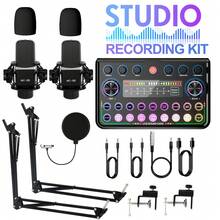 Sound Card For Live Streaming,Podcast Equipment Bundle For 2, The Ultimate Christmas Gift For Aspiring Podcasters | All-In-One Podcast Equipment Kit,Audio Interface With Voice Changer Condenser Microphones For Gamer, All-In-One Audio Mixer Perfect For Live Streaming, Singing, Gaming - Đen-2 - Xem 1