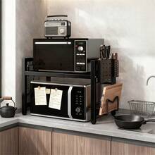 Space-Saving Expandable Microwave Oven Rack With Knife & Board Holder, Carbon Steel Kitchen Storage Shelf For Countertop Small Kitchen - Negro - Ver 4