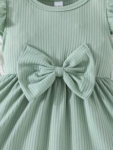 2件套幼儿圆领短袖蝴蝶印花和纯色罗纹简约可爱套装，春夏款