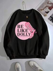 2026 New Years Outfit Women1Pc Women'S Be Like Dolly Graphic Sweatshirt - Pink Boot Print, Casual Crew Neck Pullover, Soft Polyester Blend, Perfect Gift For Independent Women, Ladies Sweaters Women's Minimalist Regular Fit Long Sleeve Sweatshirt - Casual Daily Fits TopLoose And Comfortablewinter Clothes For Women - 黑色 - 查看 12