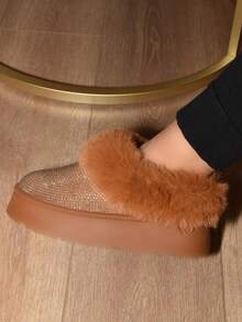 Womens Casual Fluffy Boots Fashion Faux Fur Rhinestone Slippers Chestnut Cozy Slip-On Platform House Shoes Soft Warm Lining With Sparkling Design Perfect For Fall/Winter Indoor And Outdoor Use - Maroon - View 4