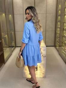 Women's Striped Midi Dress With Shirt Collar And Bishop Sleeves, Casual, With Buttons, Asymmetrical Hem, Summer And Beach. - 青碧色 - 查看 2