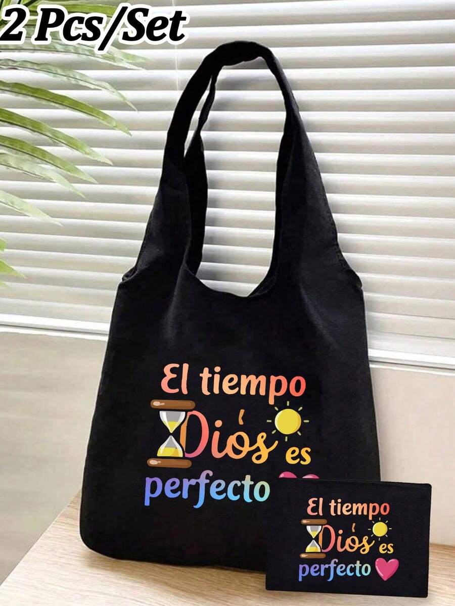 Bộ 2 túi tote vải bố kiểu dáng thường ngày, bao gồm một túi đeo vai bằng vải bố với dây đeo đựng mỹ phẩm có thể tháo rời. Được in họa tiết chữ "El-Tiempo Dios Es Perfecto" đầy màu sắc. Thiết kế hình mặt trời và trái tim, màu sắc tươi sáng. Túi mua sắm/đựng đồ đa năng dung tích lớn, phù hợp cho công việc, trường học, du lịch, tiệc tùng, và là món quà hoặc quà lưu niệm hoàn hảo cho các dịp lễ, sinh nhật, Ngày Valentine, Năm mới, v.v. - Nhiều màu - Xem 1