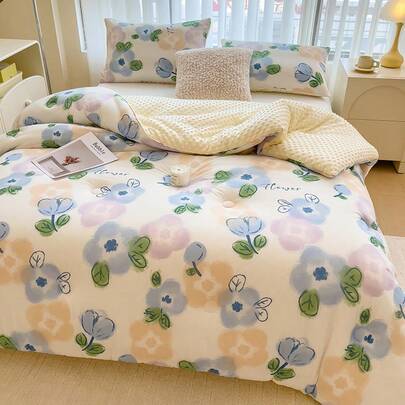 1pc Cartoon Print Knitted Fabric & Velvet Pom-Pom Comforter, Quilted Duvet, All-Season Down Alternative Bedding, With Corner Ties, Warm & Soft Quilting Technique, Suitable For Bedroom, Guest Room