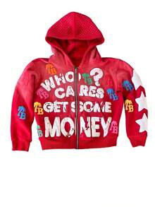 Y2K Zip Up Hoodie With Bold Who Cares Get Some Moneygraphic And Colorful Palm Logo Prints  Streetwearjacket - 紅色 - 查看 1