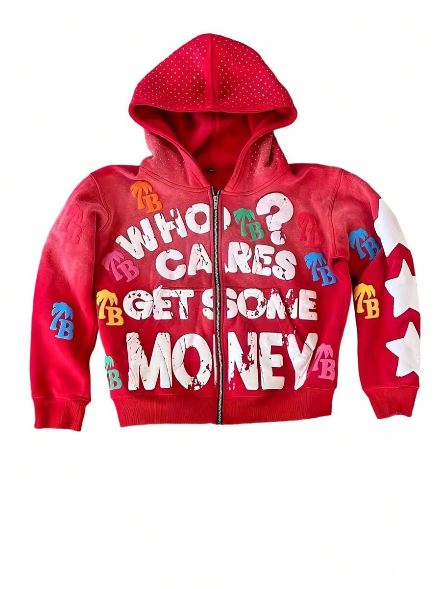 Y2K Zip Up Hoodie With Bold Who Cares Get Some Moneygraphic And Colorful Palm Logo Prints  Streetwearjacket - 紅色 - 查看 1
