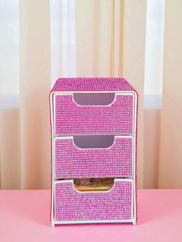 Caja de almacenamiento de escritorio de 3 cajones con alto valor estético, totalmente cubierta de rhinestones, organizador de joyas y cosméticos, regalos para mujeres, regalos de Navidad, ideas de regalos para mujeres, decoración de habitación - Multicolor - Añade 3