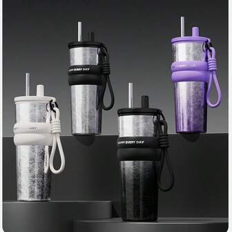 大容量保温杯，男士316不锈钢便携式咖啡杯，儿童新款车载吸管水杯，冷热饮皆宜，防漏旅行杯，适合户外、旅行和居家使用 - 可重复使用且经久耐用的保温瓶，适合盛装咖啡、茶和奶昔