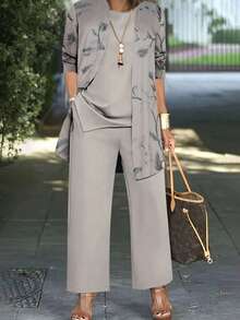 大码女式印花开衫+纯色背心+长裤三件套，优雅休闲通勤长袖外套+背心+松紧腰直筒裤套装，春季款 - 灰色 - 查看 3