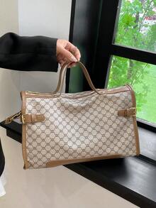 Designer Inspired Large Tote Bag For Women, Faux Leather Travel Handbag, Zipper Closure, Polyester Lining, Painted Edges, Classic Letter Pattern - Grey - View 6