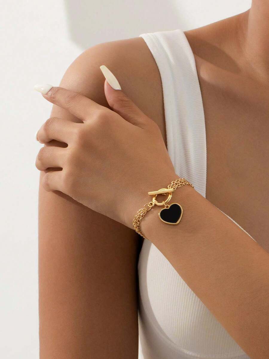 1pc Fashionable & Versatile, Cute Metal Heart, O-Ring Chain Women Bracelet Set, Suitable For Daily Wear, Valentine's Day Gift, Cute Girly Style, Graduation Gift - Heart Bracelet - View 1