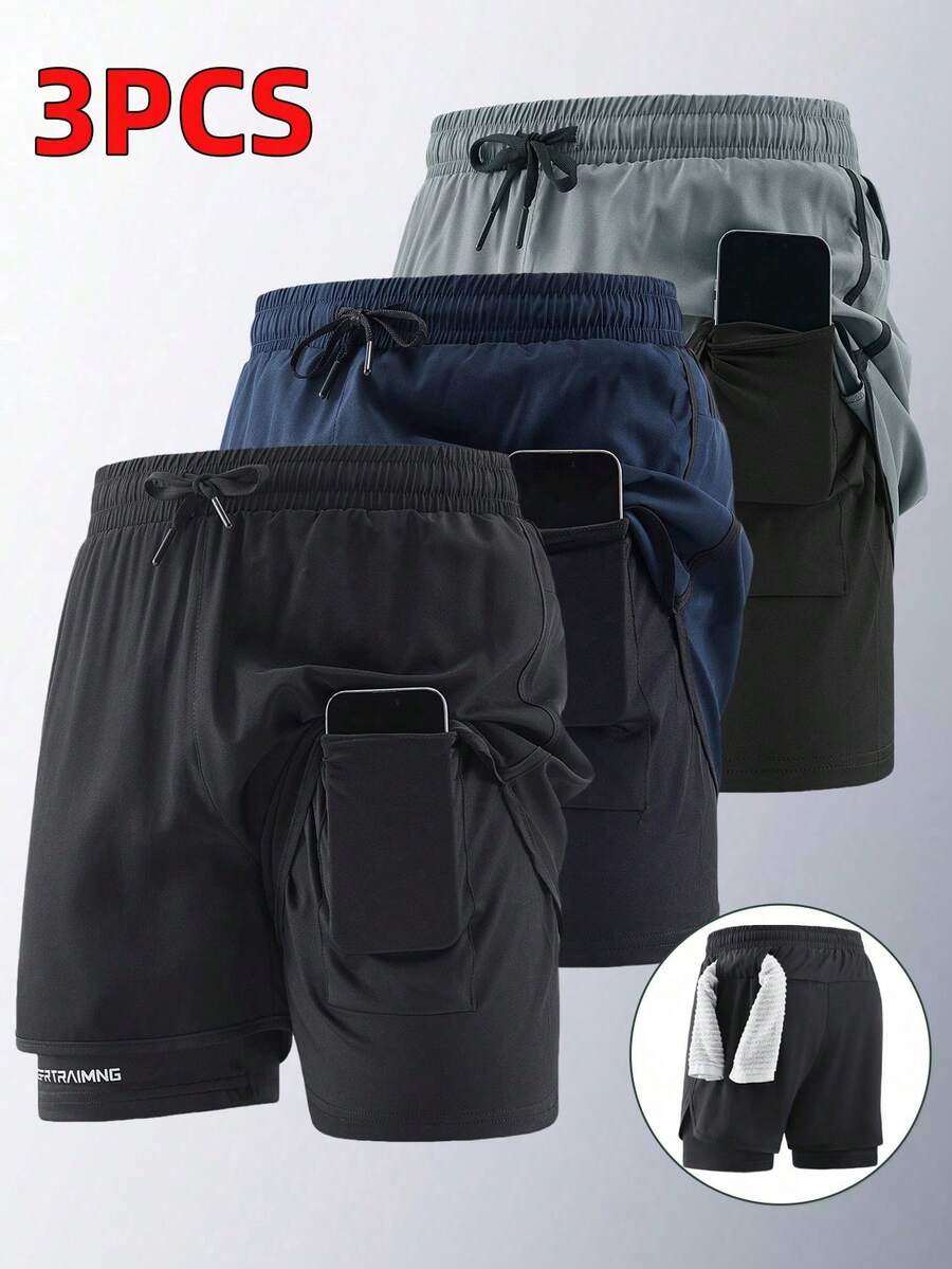 3pcs/Set Boyfriend Style Men's Quick Dry Sports Running Training Fitness Shorts, Summer - Grey - View 1