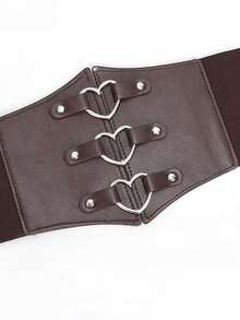 1pc Women's Coffee Brown Fashion PU Leather Elastic Corset Belt With Heart Decor, Versatile For Holiday Party Or Daily Wear - Coffee Brown - View 5