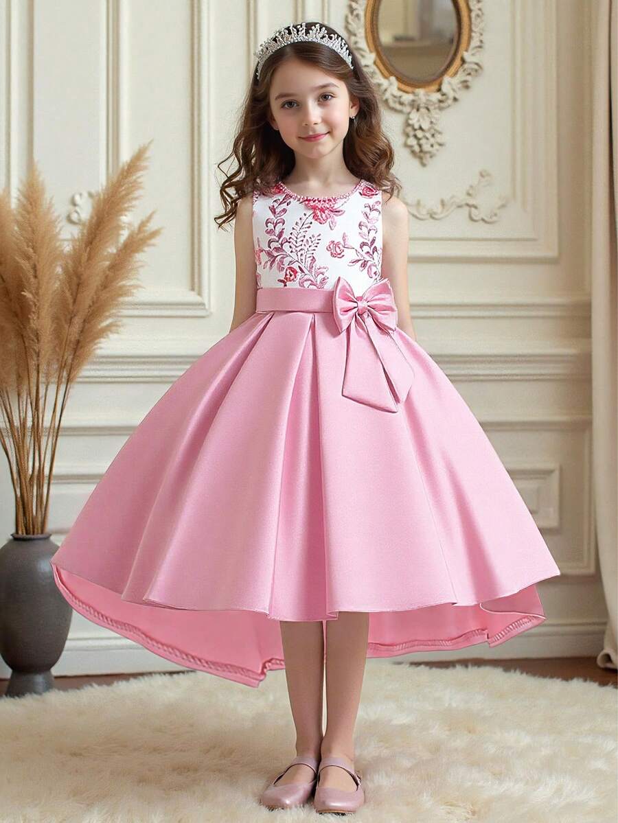 Satin Embroidered Floral Bow Princess Dress, Elegant , Suitable For Parties, Embroidery Direction Random, Excluding Headband