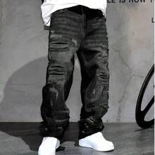 Vintage American Streetwear Style Distressed Patch Loose Fit Wide Leg Jeans, Relaxed Straight Cut Denim Pants For Men - Black - View 6