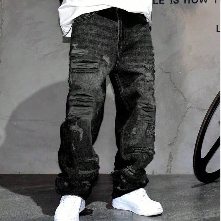 Jeans de pierna ancha con ajuste holgado y parches desgastados, estilo vintage de ropa de calle estadounidense. Pantalones vaqueros de corte recto y relajado para hombres. - Negro - Añade 6