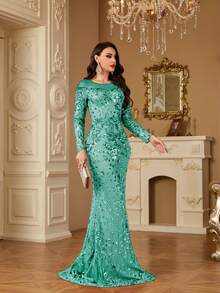 hezixi Stretchy Sequin Dress, Extremely Comfortable Fit For Various Figures, Sheer Round Neck Long Sleeve Bodycon Mermaid Hem Design, Solid Color Elegant Luxury Maxi Dress For Women, Enhances Youthful Charm, Suitable For Parties, Graduations, Weddings And Other Occasions. - 草綠色 - 查看 12