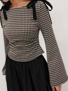 Women Fall Spring New Bow Plaid T-Shirt Long Sleeve Crew Neck Tie-Up Slim Fit Ladies Plaid Tops Streetwear Christmas Top - 咖啡棕 - 查看 1