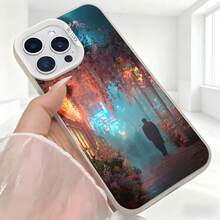 Cubierta de telefono con diseño de paisaje misterioso azul oscuro con silueta de persona y flores en camino iluminado para uso diario en cafeterias y salas de estar - Negro - Ver 5