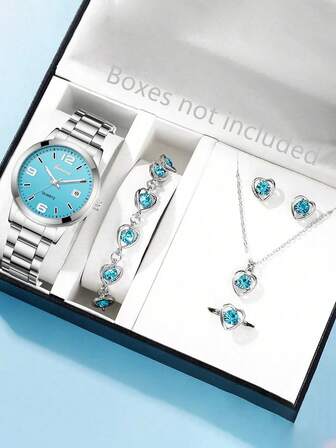 6 Pieces/Set, Women's Watch, Fashionable Women's Minimalist Steel Strap Watch, Blue Rhinestone Quartz Watch, Alloy Strap, Women's Bracelet Watch Set Gift, Necklace, Ring, Earring, Bracelet, Suitable For Daily Wear, Holiday Gift