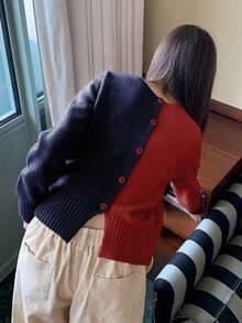 كارديجان محبوك بتصميم جيب بنقاط ملونة للنساء، قابل للعكس باللونين الأحمر والأزرق، بأسلوب أمريكي كاجوال مناسب للخروجات والزيارات والمواعيد في فصلي الخريف والشتاء - الأحمر - مشاهدة 4