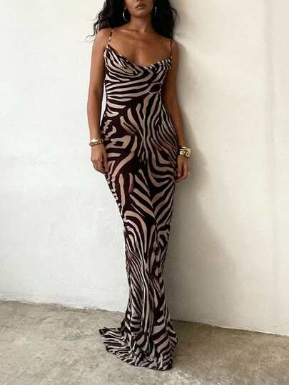 Sexy Elegant Plunging Neckline Slim Fit Maxi Dress With Zebra Print, Feminine Elegant, Suitable For Vacation & Daily Wear
