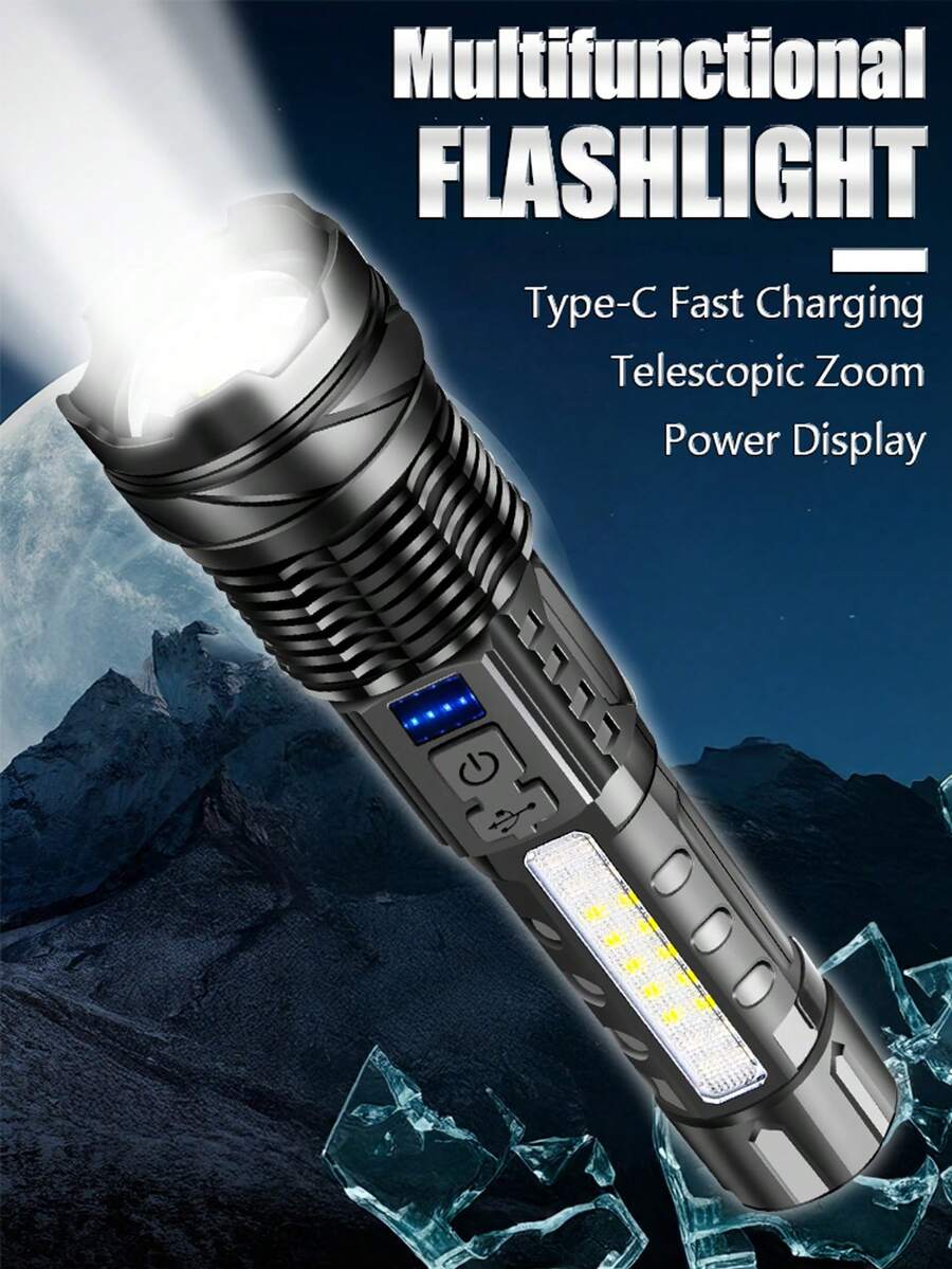 1/2pcs Handheld LED Flashlight, USB Rechargeable ABS Work Light With COB Side Light, XP50 High Power LED, 5 Modes, Emergency Lighting, For Fishing, Repair, Hiking