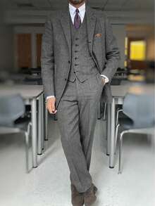 Mens Wool Suits Grey 3 Pieces Herringbone Tweed Suit Vintage Retro Slim Fit Smart Formal Classic Tuxedos Business Commuting - 灰色 - 查看 3