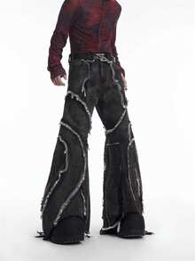 1件男士复古水洗拼接筒状牛仔裤，美式街头嘻哈做旧宽松休闲长裤（不含腰带和配饰） - 黑色 - 查看 3