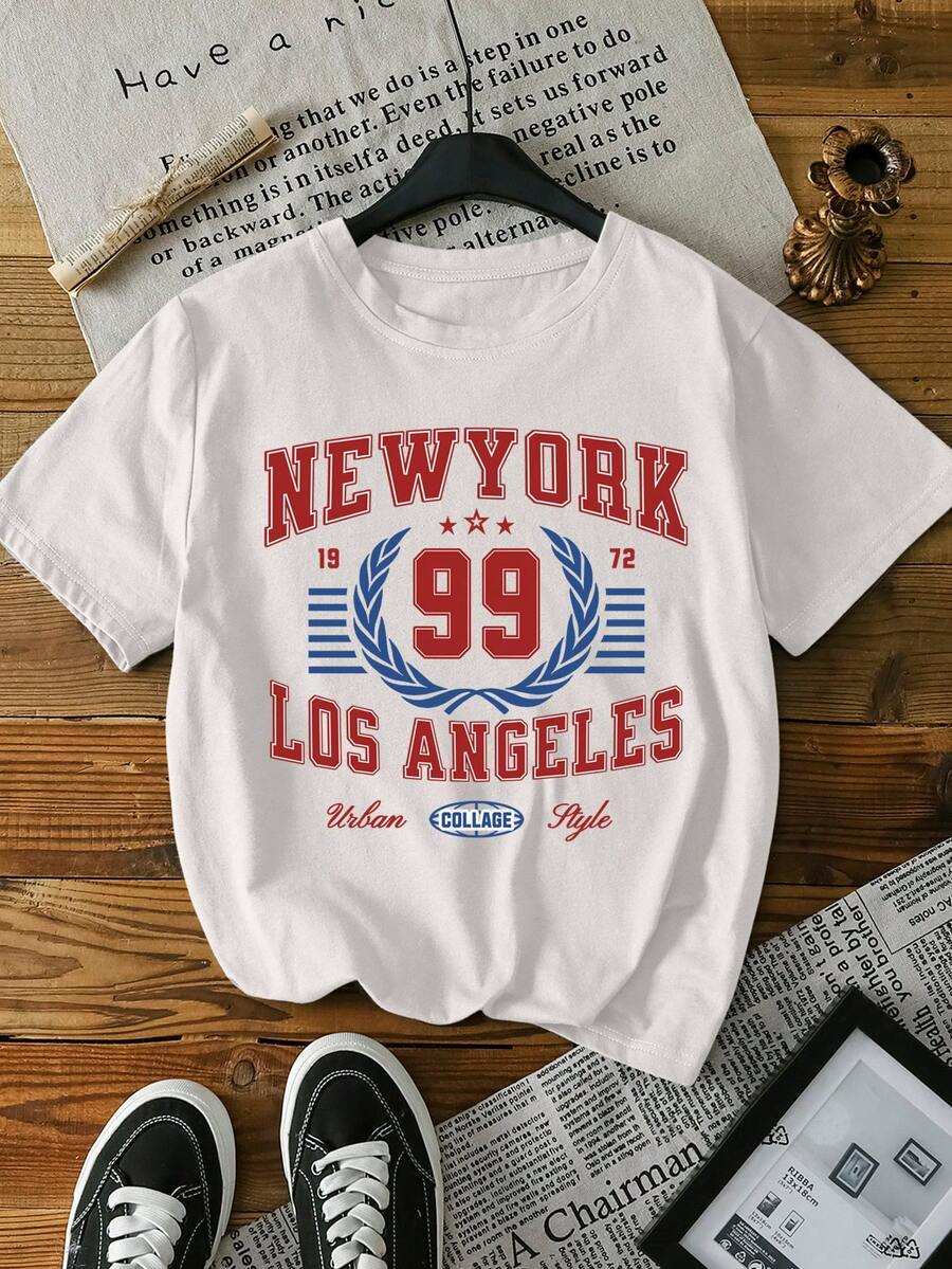 Camiseta de verano blanca con estampado vintage de Nueva York, versátil, para mujer de talla grande - Blanco - Ver 1