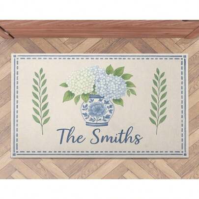 Personalized Floral Doormat, Custom Family Name Rug With Blue Hydrangea Vase, Chinoiserie Indoor Outdoor Welcome Mat, Home Entry Decor, Housewarming Gift, Custom Garden Decor Doormat, Custom Yard Welcome Mats For Outdoor, Thanksgiving Gift, Christmas Day Gift, Customized Front Outdoor Decor Mats - 24"X16"/30"X18"