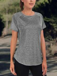Women's Solid Color T-Shirt - Round Neck, Lightweight, Short Sleeve, Polyester Blended, Suitable For Spring & Summer, Colorfast Loose Fit Basic Style, Casual Half-Sleeve Top - Grey - View 5