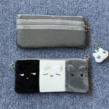 1个可爱毛绒黑白灰小猫铅笔盒，高品质简约大容量收纳袋，学生文具整理包，儿童学习用品收纳袋 - 彩色 - 查看 6