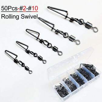 50pcs/Box Fishing Connector Pin Bearing Rolling Swivel Stainless Steel With Snap Fishhook Lure Swivels Tackle