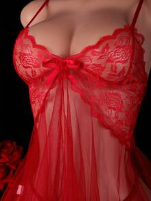 1-Piece Set Women Sexy Transparent Gauze Dress + Thong, Women Sexy Lingerie, Lace Mesh Patchwork Transparent Lingerie Dress, Sexy Lingerie Perfect Match, Pajama Party - 酒紅色 - 查看 5