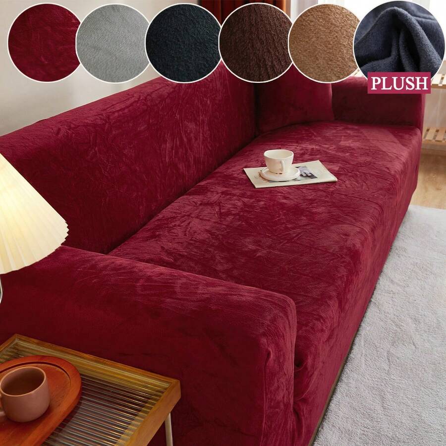 1PC Plush Sofa Cover Winter Warmth, Elastic Sofa Cover Suitable For Living Room Bedroom Dustproof Furniture Protector Soft And Comfortable Fabric Easy To Clean Suitable For 1/2/3/4 Seat Home Decor Sofa Protector Cushion Cover - Màu Đỏ Sâu - Xem 1
