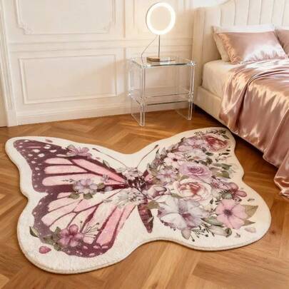 1pc Asymmetrical Butterfly & Flower Pattern Decorative Carpet, Decorative Rug, Bedroom Decor, Small Rug, Carpet, Home Decor, Living Room Carpet, Living Room Small Rug, Bedroom Rug, Living Room Home Decor, Outdoor Rug, Washable Carpet