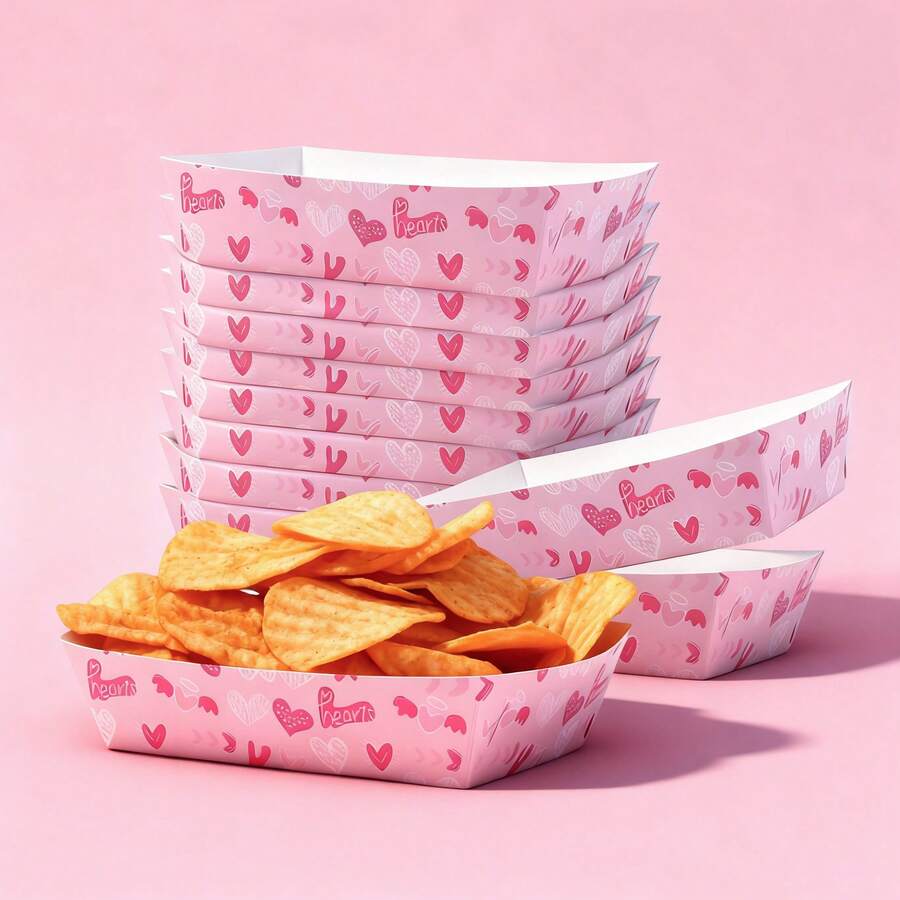 10pcs/20pcs,Pink Valentines Day Paper Food Trays Plates No Folding Required Paper Food Boats Disposable Nacho Taco Chips Snacks Container For Wedding Birthday Party Supplies,Pink "Hearts" Mini Snack Baskets - Disposable Paper Serving Trays,Valentines Day Dessert/Cookie Holder Boxes - Party Candy Containers - 彩色 - 查看 1